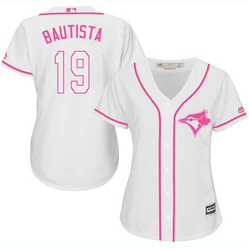 Blue Jays #19 Jose Bautista White/Pink Fashion Women's Stitched MLB Jersey - Click Image to Close